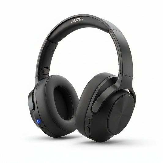 Matte black over-ear wireless headphones on white background