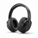 Matte black over-ear wireless headphones on white background